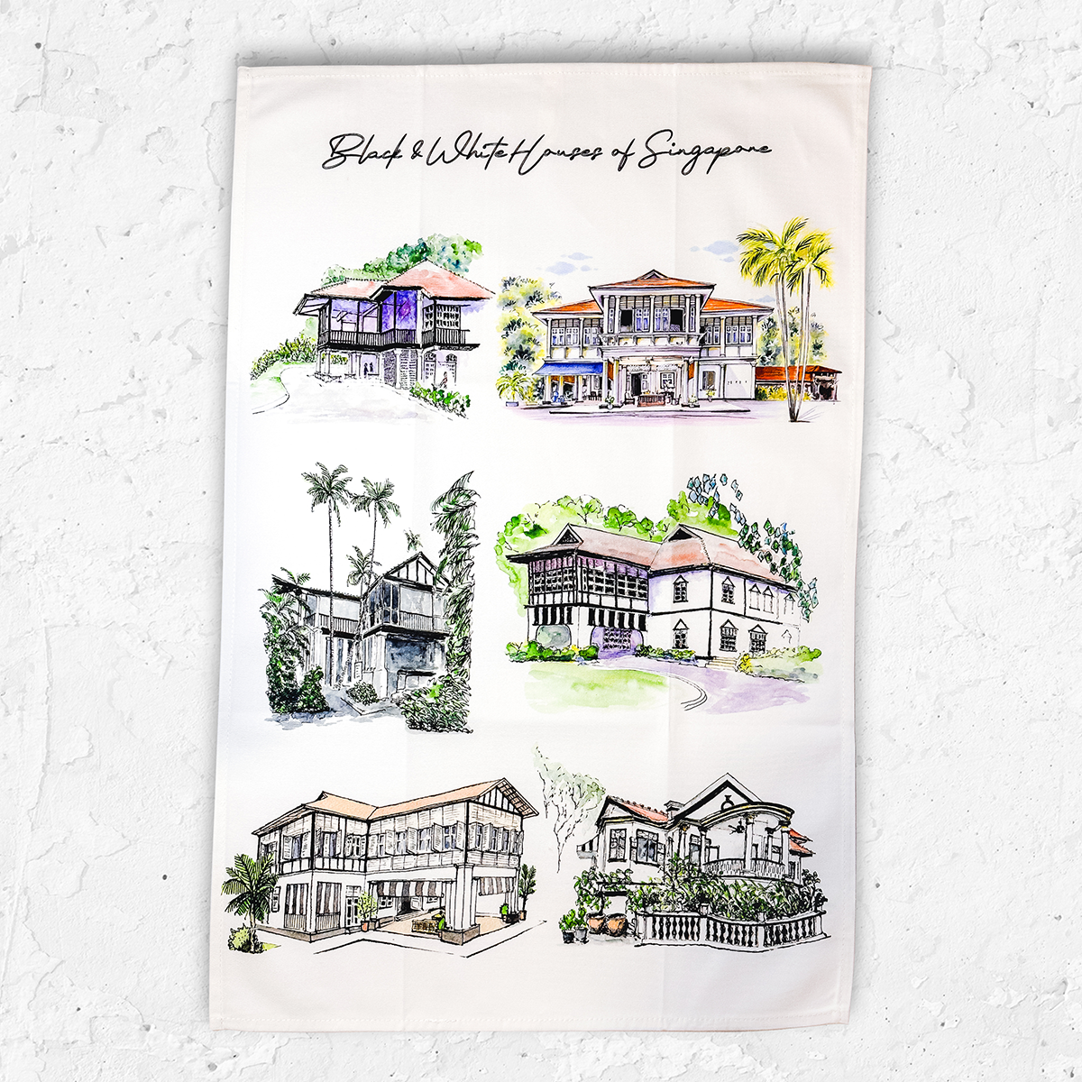 Organic Cotton White Tea Towel | Black & White Houses