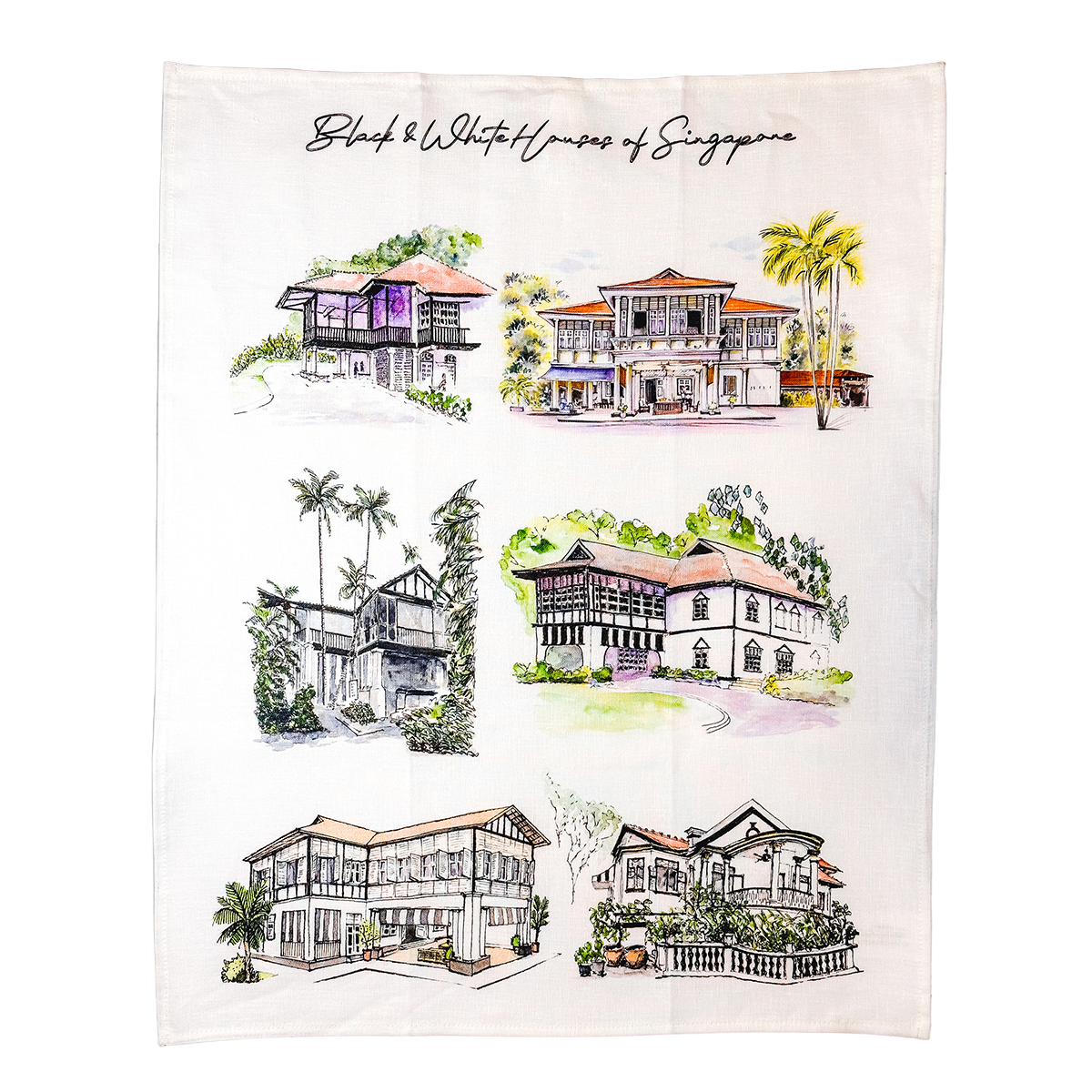 Linen Tea Towel | Black & White Houses