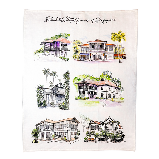 Linen Tea Towel | Black & White Houses