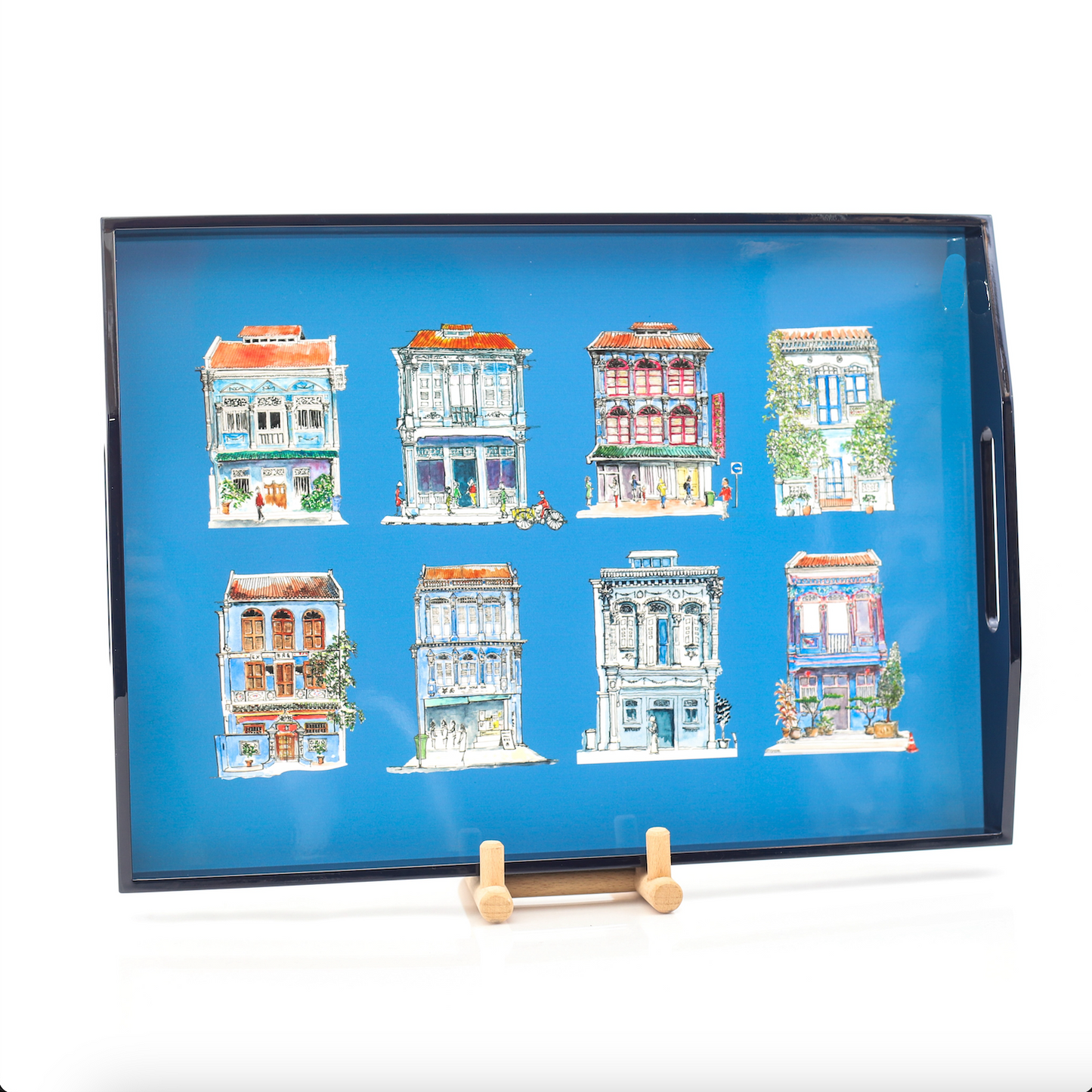 Navy Lacquer Tray - Blue Shophouses