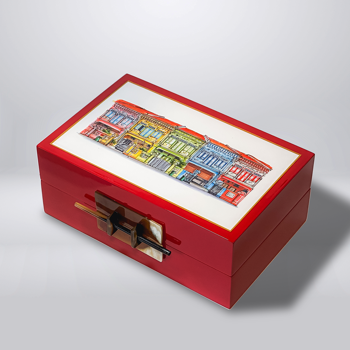 Singapore Themed Lacquer Jewellery Box - Koon Seng Shophouses