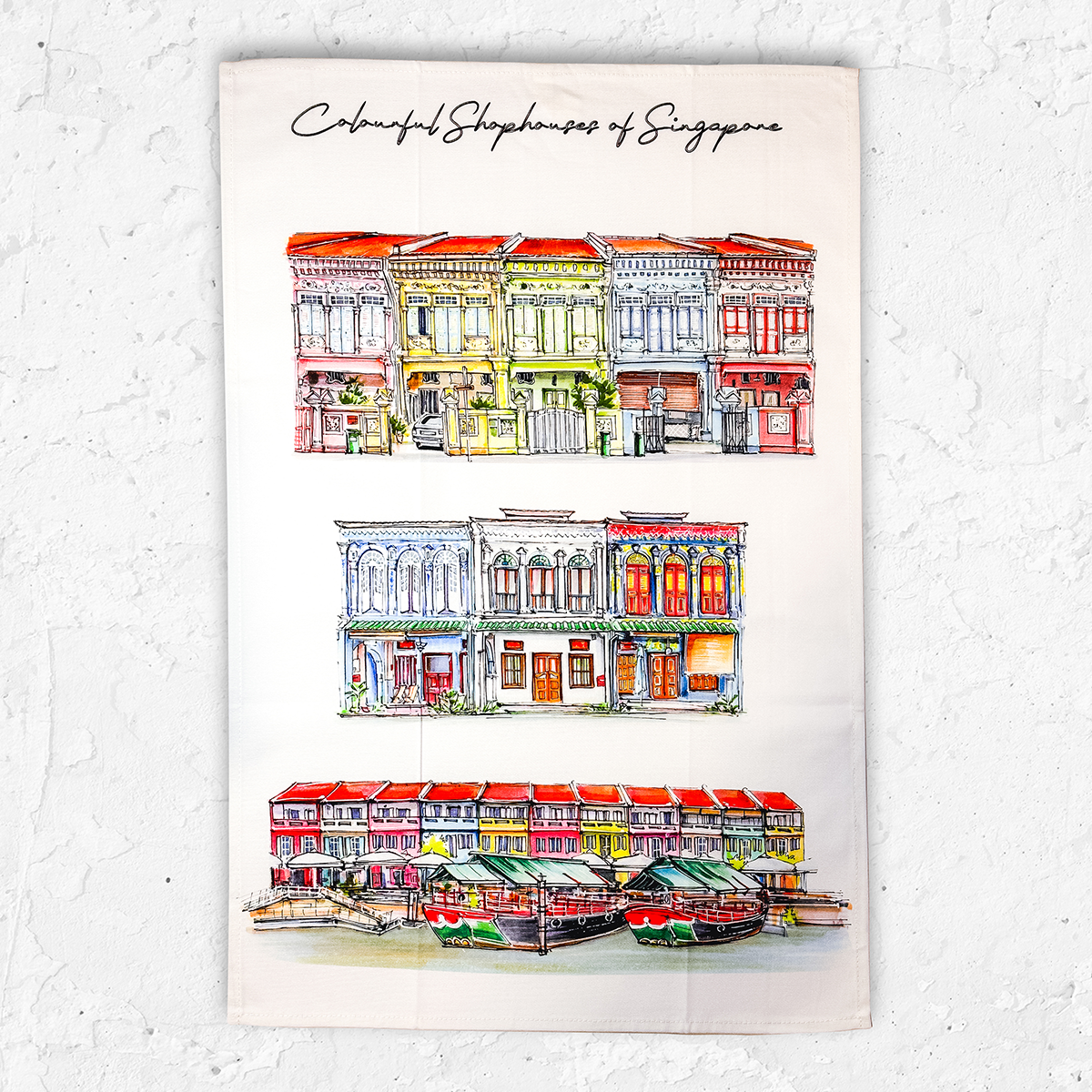 Organic Cotton White Tea Towel | Colourful Shophouses |NEW|