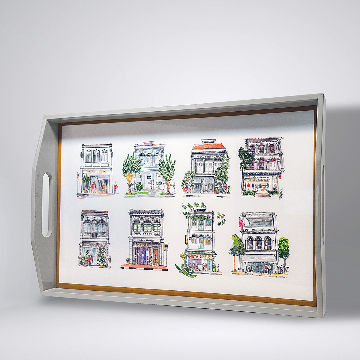 Singapore Themed Grey Lacquer Tray - Pastel Shophouses