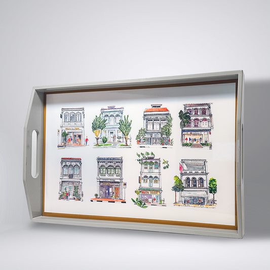 Singapore Themed Grey Lacquer Tray - Pastel Shophouses [Seconds]