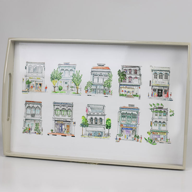 Singapore Themed Grey Lacquer Tray - Pastel Shophouses [Seconds]