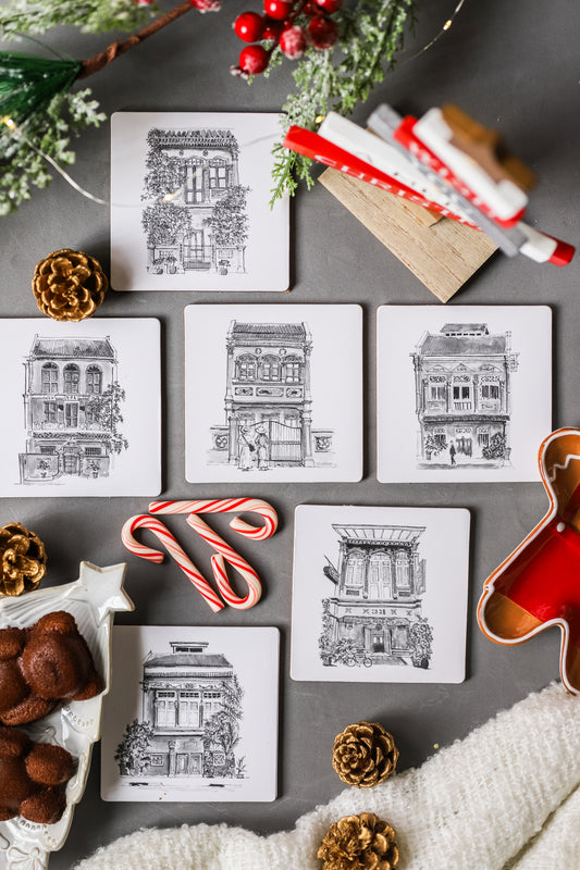 Cork Backing B&W Shophouses Coasters | Set of 6