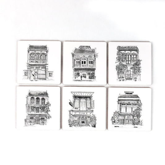 Cork Backing B&W Shophouses Coasters | Set of 6