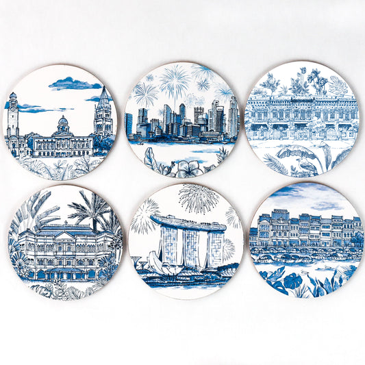 Cork Based Blue & White Coasters | Set of 6