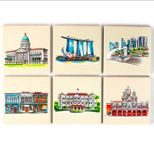 Khaki Absorbent Iconic SIngapore Coasters | Set of 6