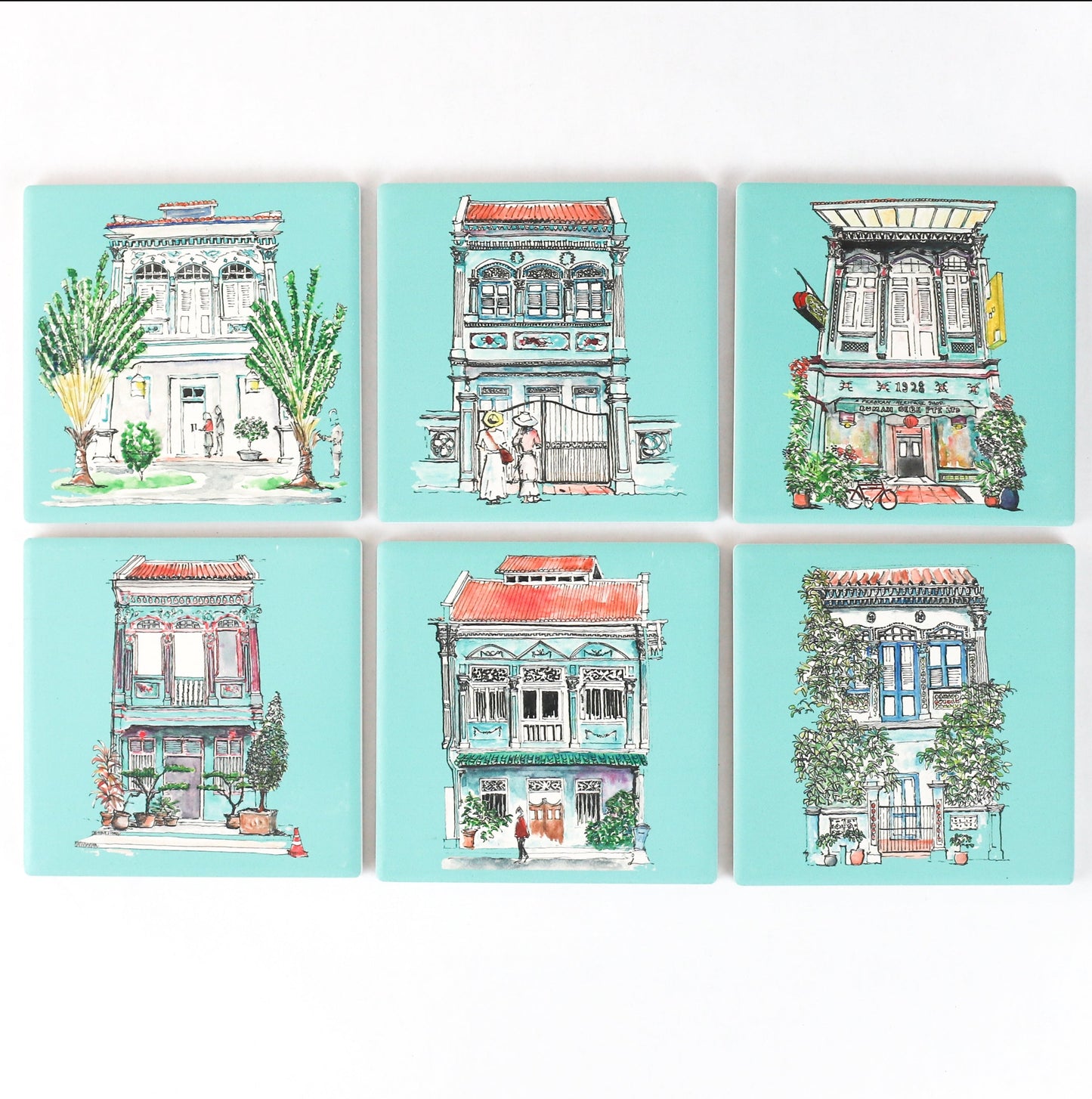 Turquoise Absorbent Shophouse Coasters | Set of 6