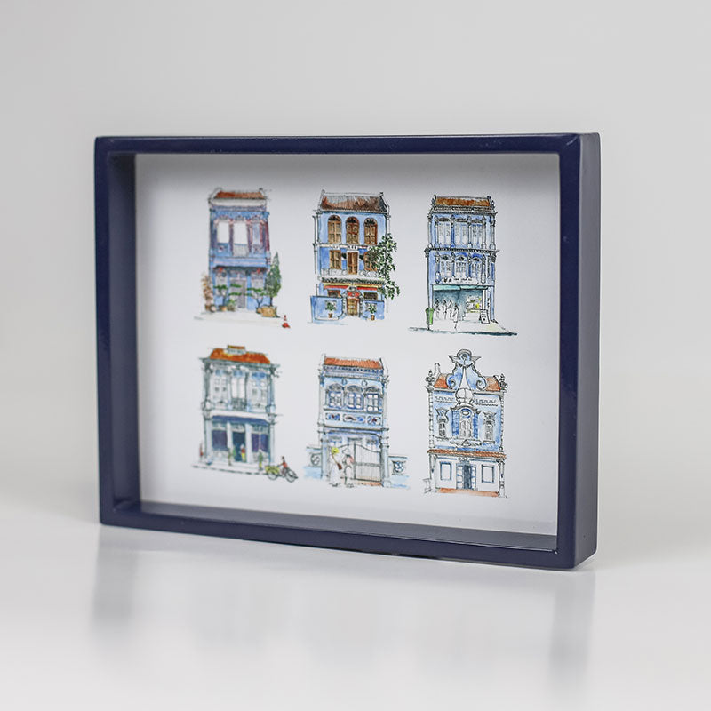 Singapore Themed Navy Lacquer Trinket Tray - Blue Shophouses [Seconds]