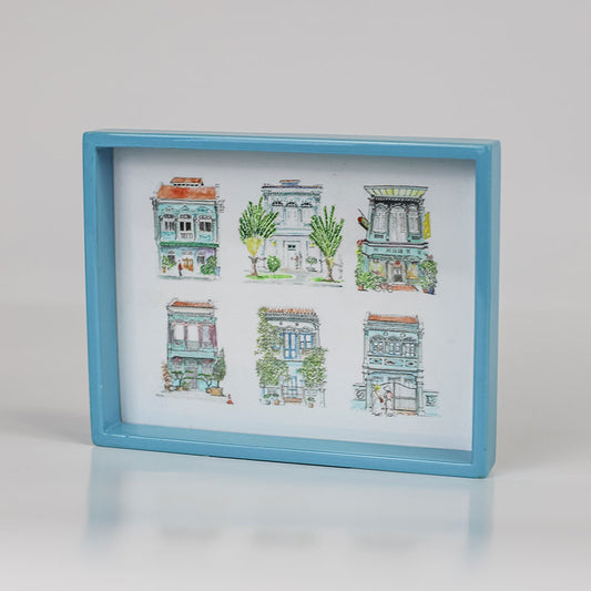 Singapore Themed Turquoise Lacquer Trinket Tray - Turquoise Shophouses [Seconds]