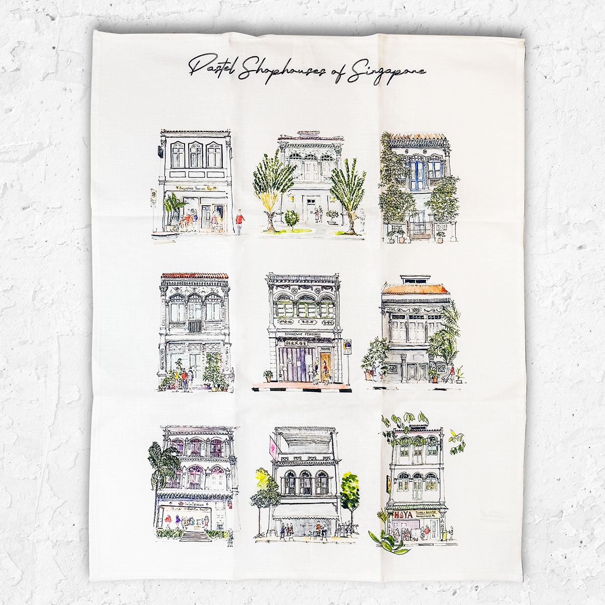 Linen Tea Towel | Pastel Shophouses
