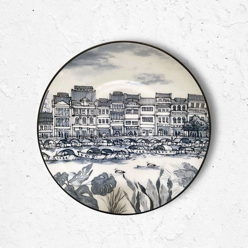 Singapore Themed Round Plates - Boat Quay 8"