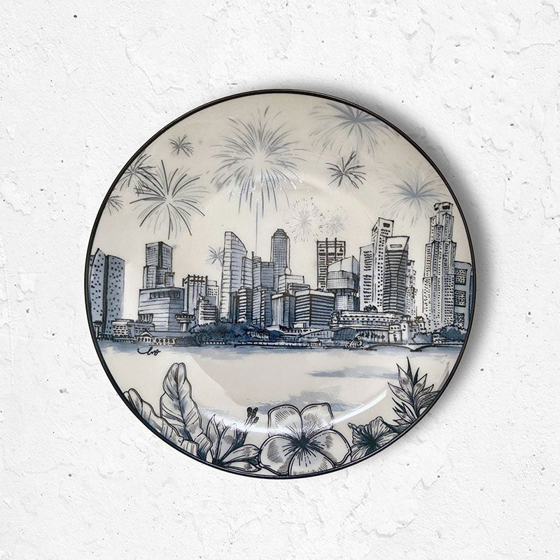Singapore Themed Round Plates - Singapore Skyline 8"