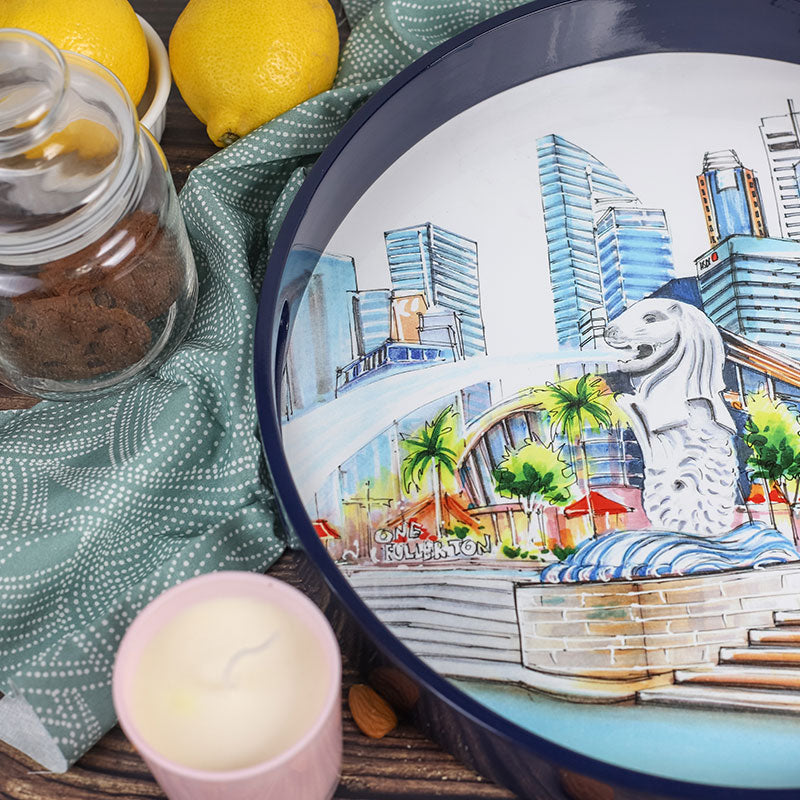 Navy Lacquer Round Tray - Merlion