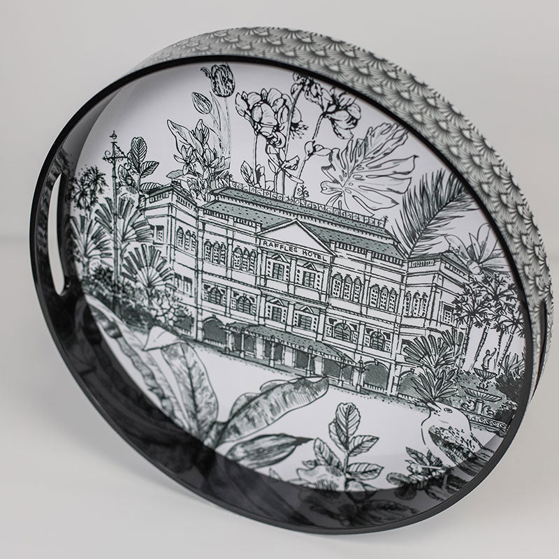 Black Lacquer Patterned Round Tray - B&W Raffles Hotel