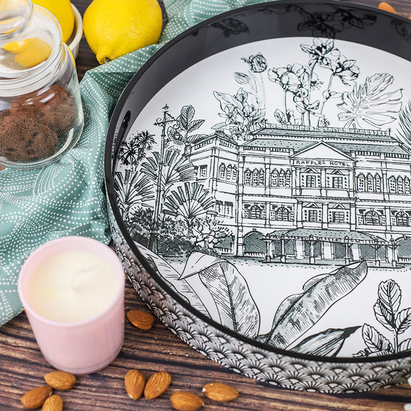 Black Lacquer Patterned Round Tray - B&W Raffles Hotel