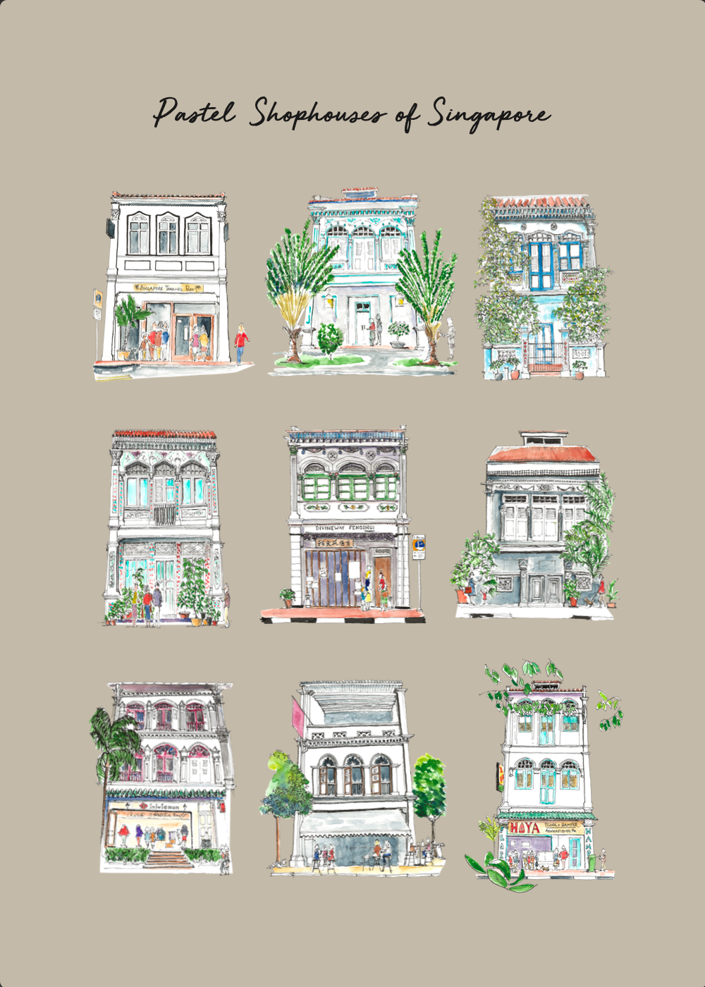 Organic Cotton Tea Towel | Khaki | Pastel Shophouses |NEW|