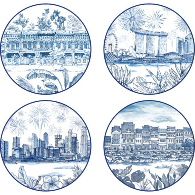 Singapore Themed Round Plates - 8" Set of 4