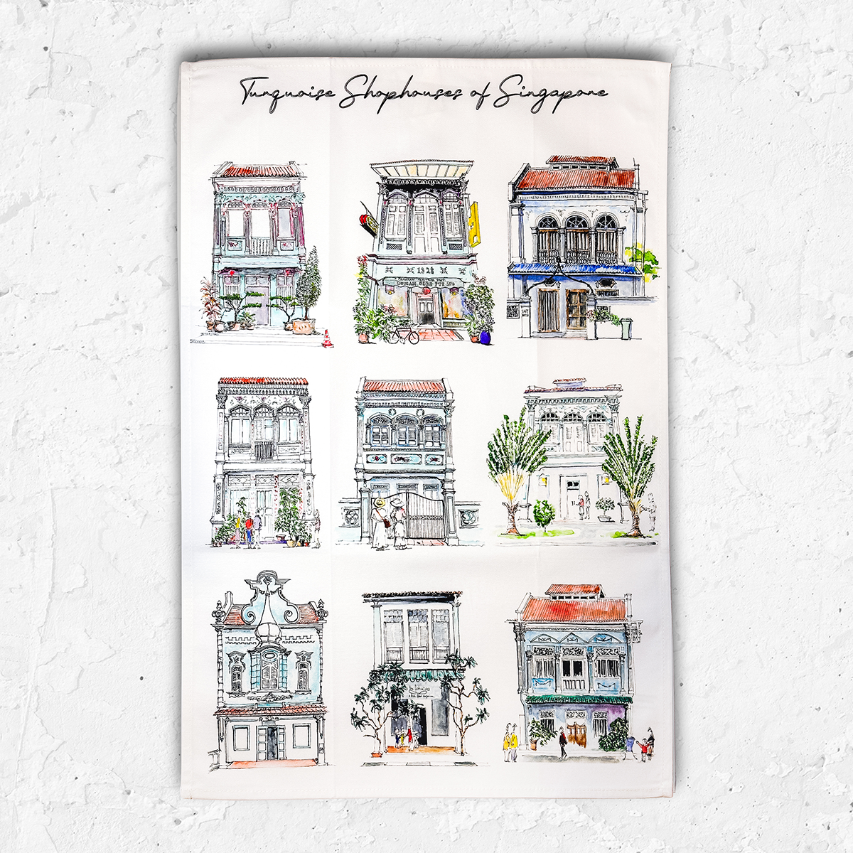 Organic Cotton White Tea Towel | Turquoise Shophouses |NEW|