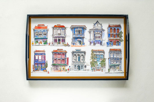 Singapore Themed Navy Lacquer Tray - Blue Shophouses [Seconds]