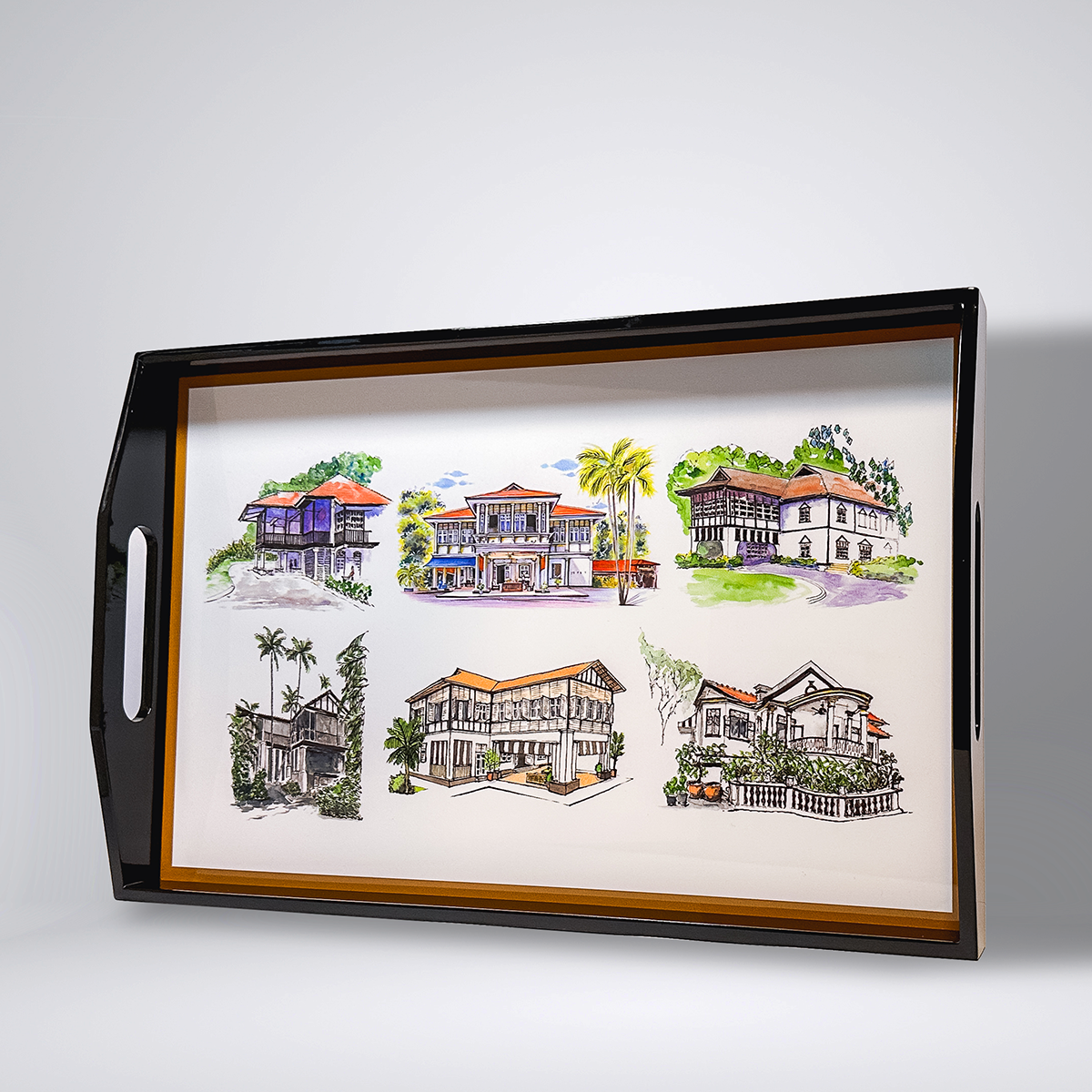 Singapore Themed Black Lacquer Tray - Black & White Houses