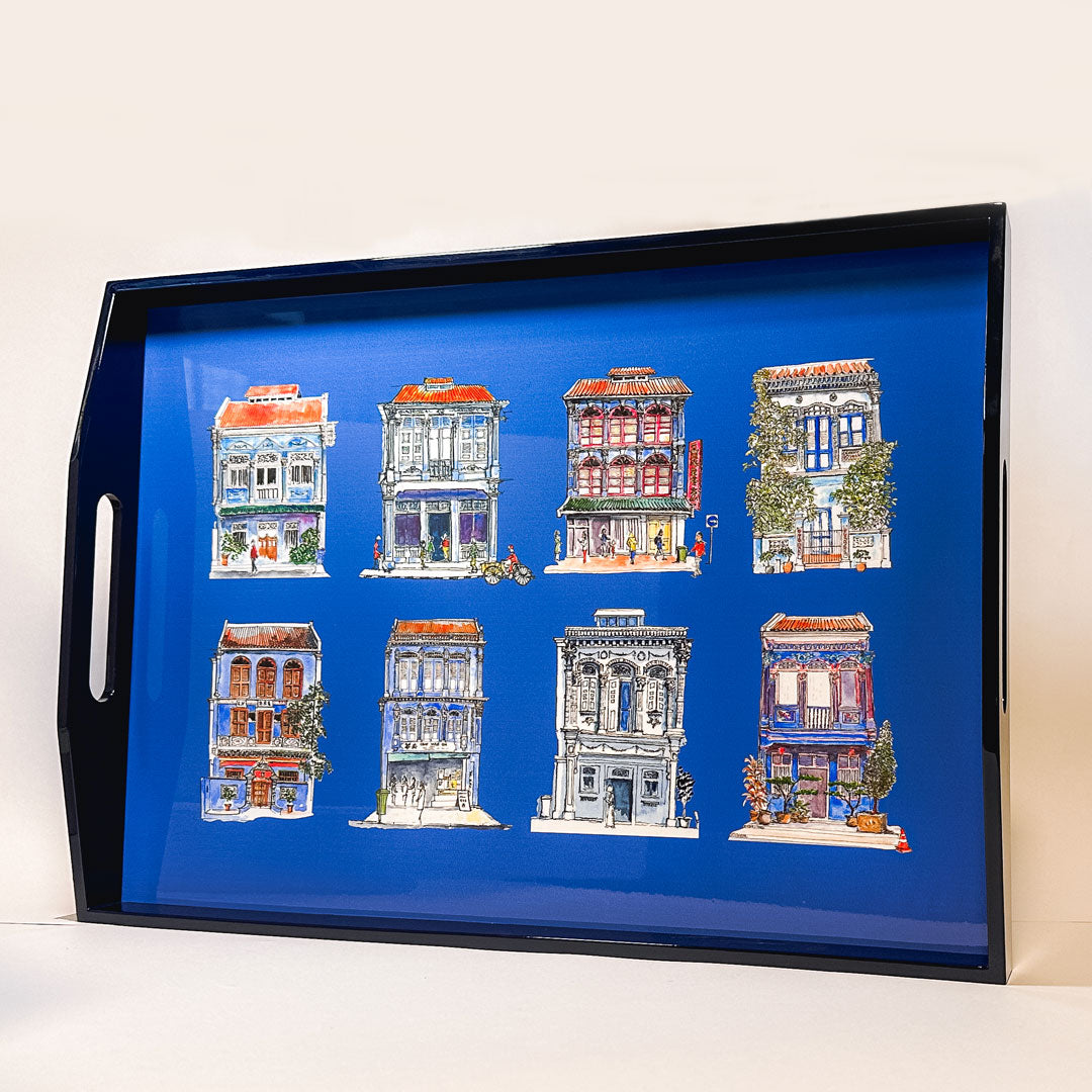 Navy Lacquer Tray - Blue Shophouses on Blue