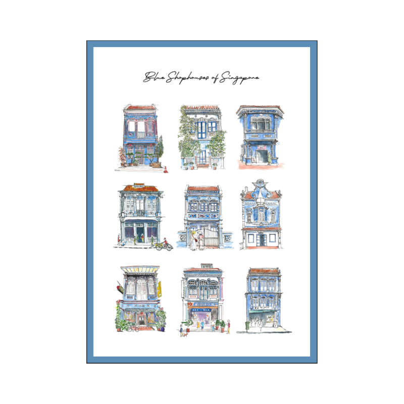 Organic Cotton Tea Towel | Blue Shophouses (Border)