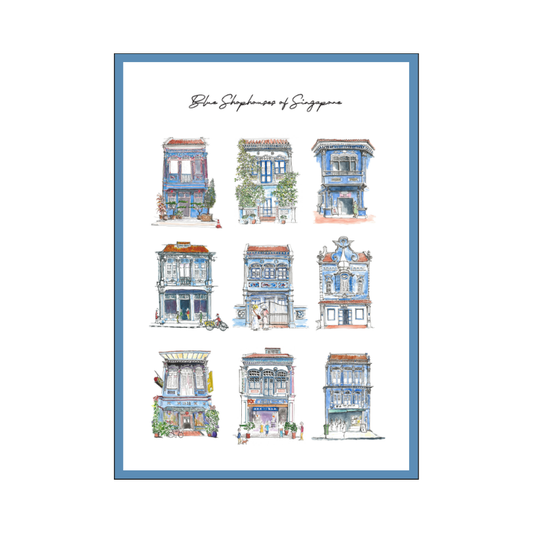Organic Cotton Tea Towel | Blue Shophouses (Border)