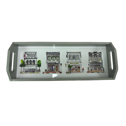 Grey Oblong Lacquer Tray - Pastel Shophouses