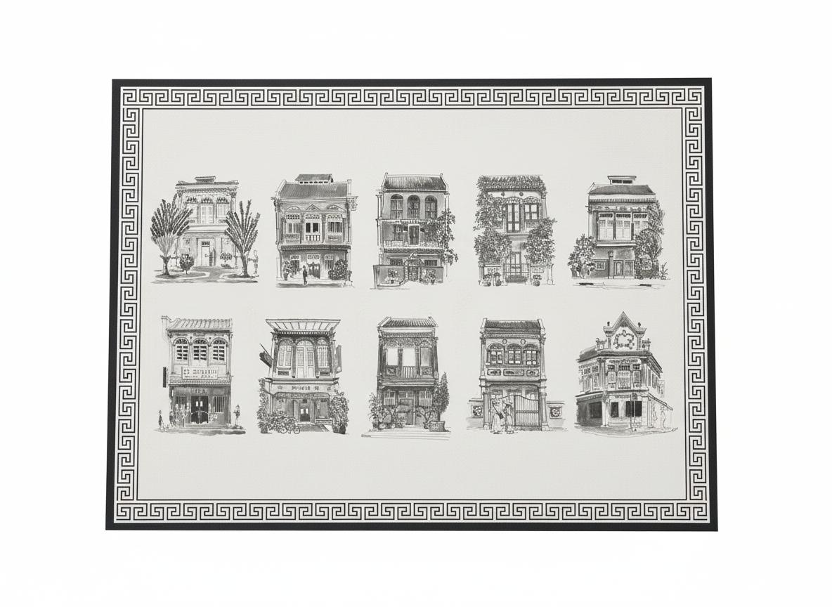 Cork Backing B&W Shophouses Placemats | Set of 4