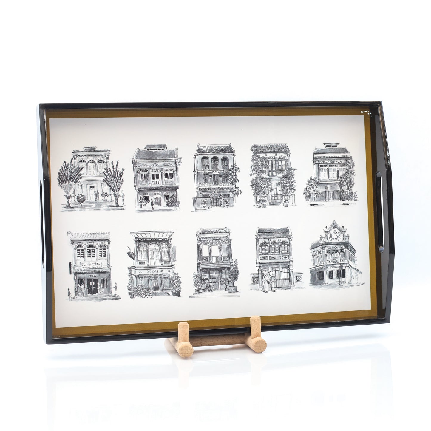 Black Lacquer Tray - Black & White Shophouses - Limited Edition