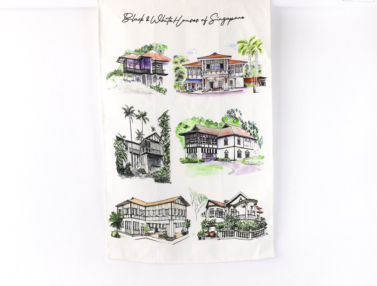 Organic Cotton White Tea Towel | Black & White Houses