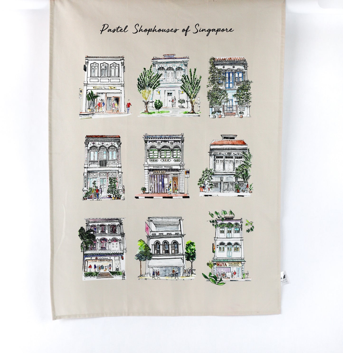 Organic Cotton Tea Towel | Khaki | Pastel Shophouses