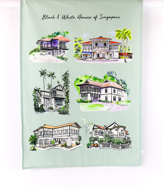 Organic Cotton Tea Towel | Green | Black & White Houses