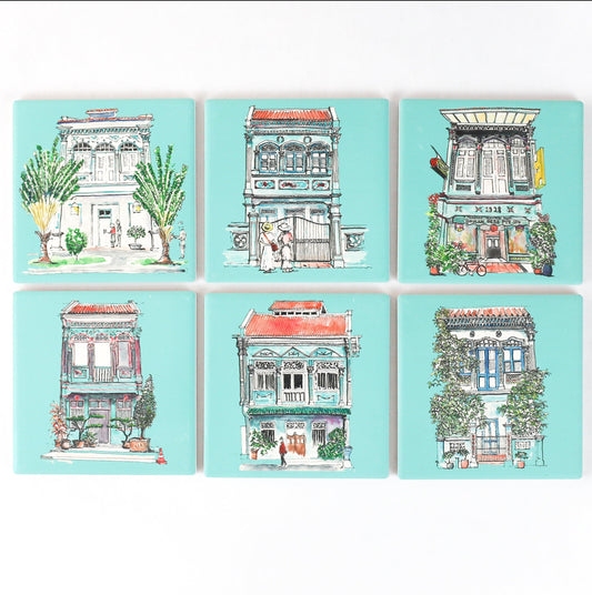 Turquoise Absorbent Shophouse Coasters | Set of 6