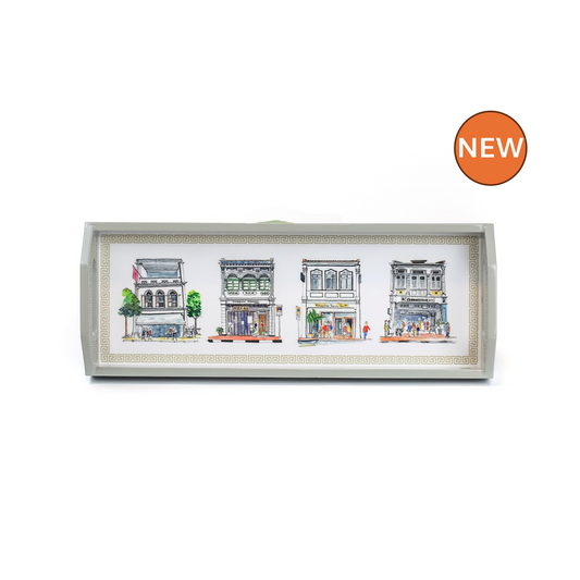 Grey Oblong Lacquer Tray - Pastel Shophouses