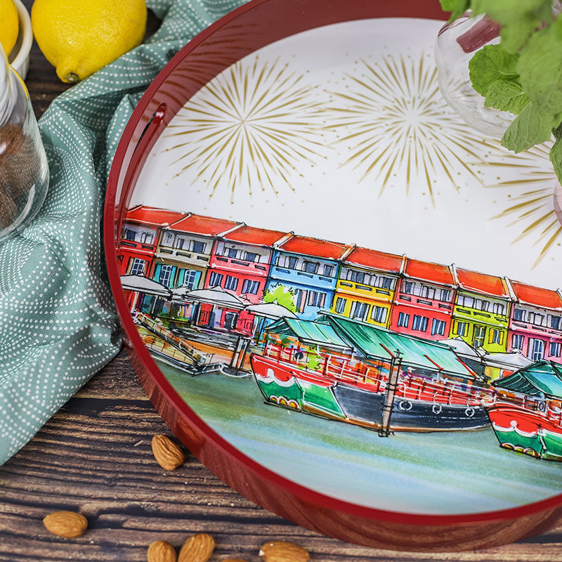 Singapore Themed Lacquer Round Tray - Clarke Quay
