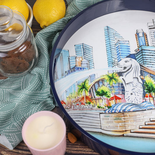 Navy Lacquer Round Tray - Merlion