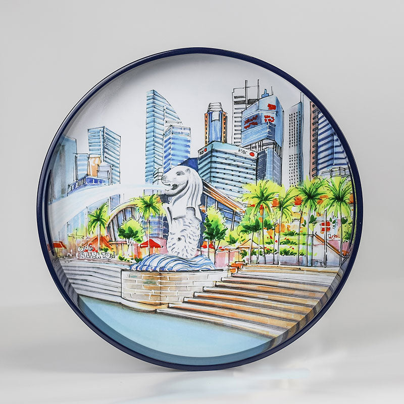 Navy Lacquer Round Tray - Merlion