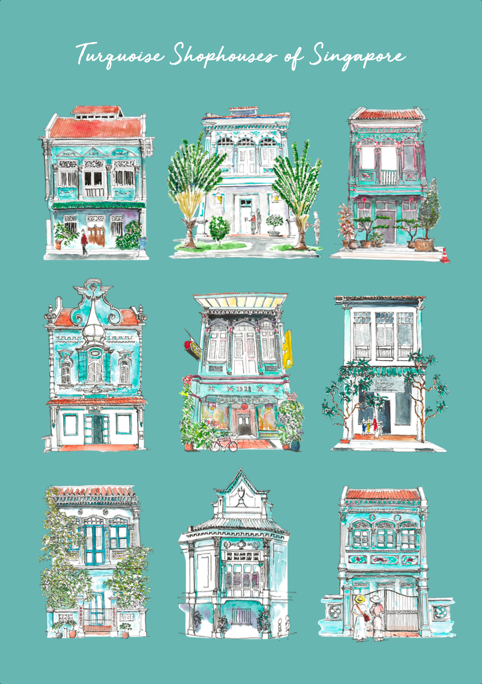 Organic Tea Towel Turquoise Joo Chiat Shophouses Ginger Lily