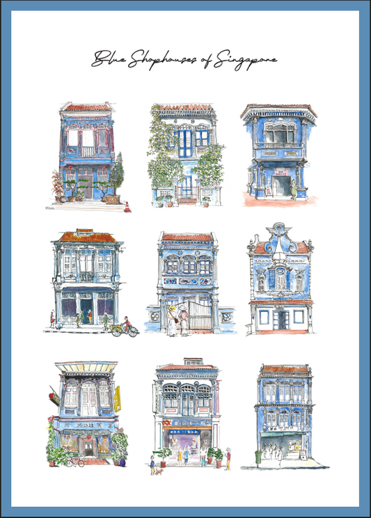 Organic Cotton Tea Towel | Blue Shophouses (Border)