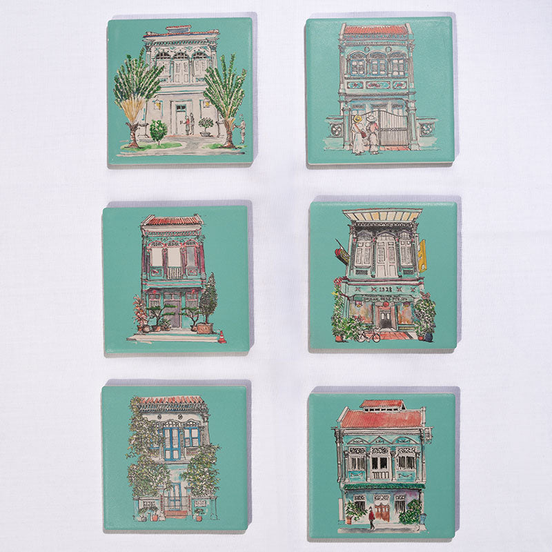Turquoise Absorbent Shophouse Coasters | Set of 6
