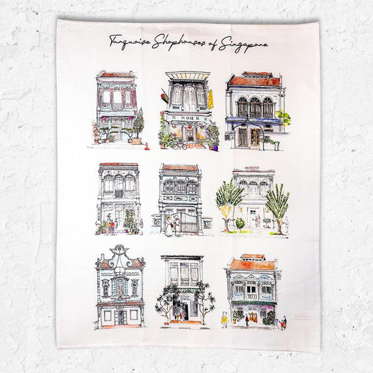 Linen Tea Towel | Turquoise Shophouses
