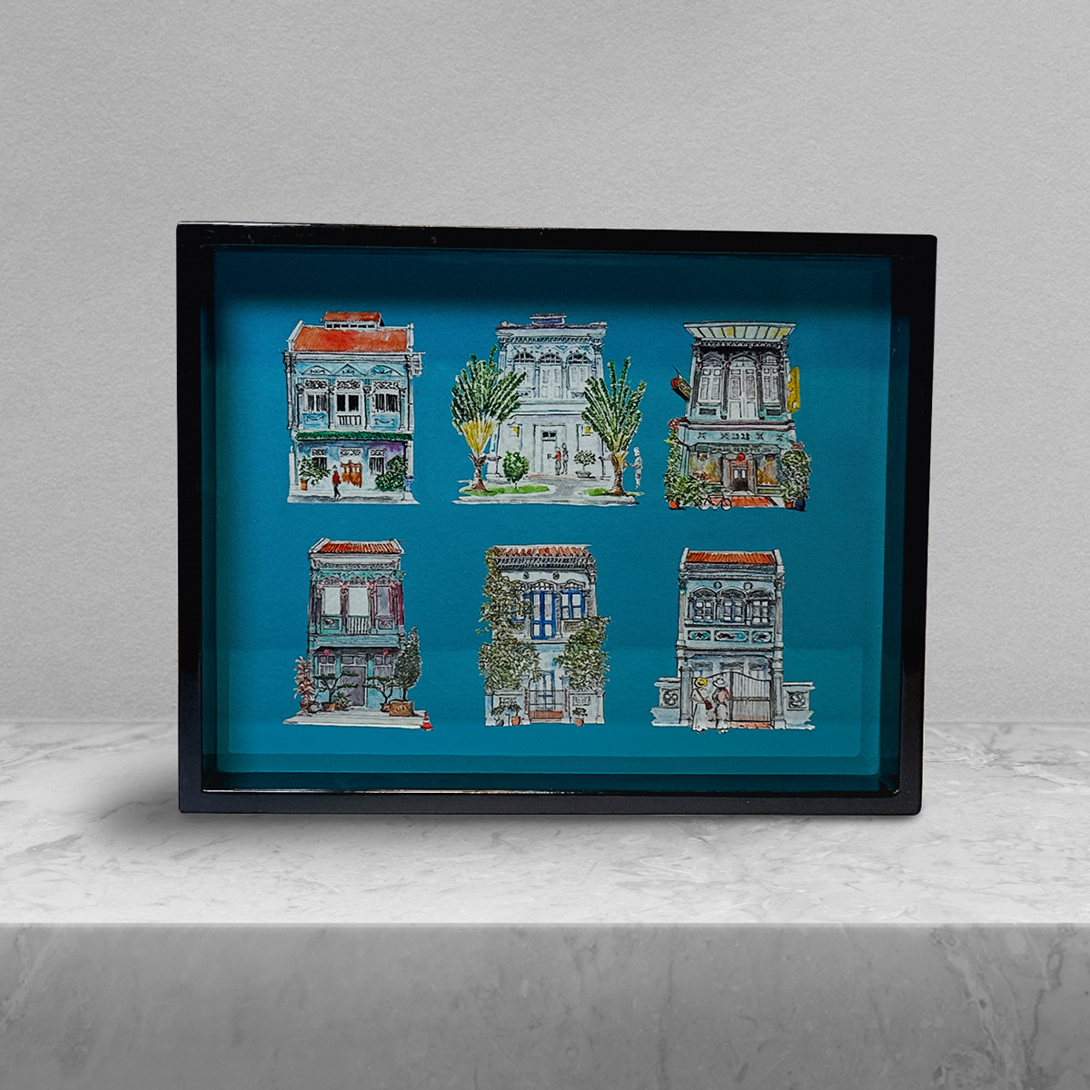 Singapore Themed Lacquer Trinket Tray - Turquoise Shophouses