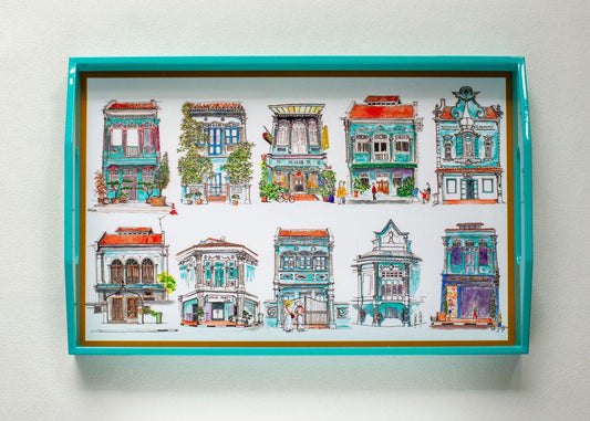 Singapore Themed Turquoise Lacquer Tray - Turquoise Shophouses