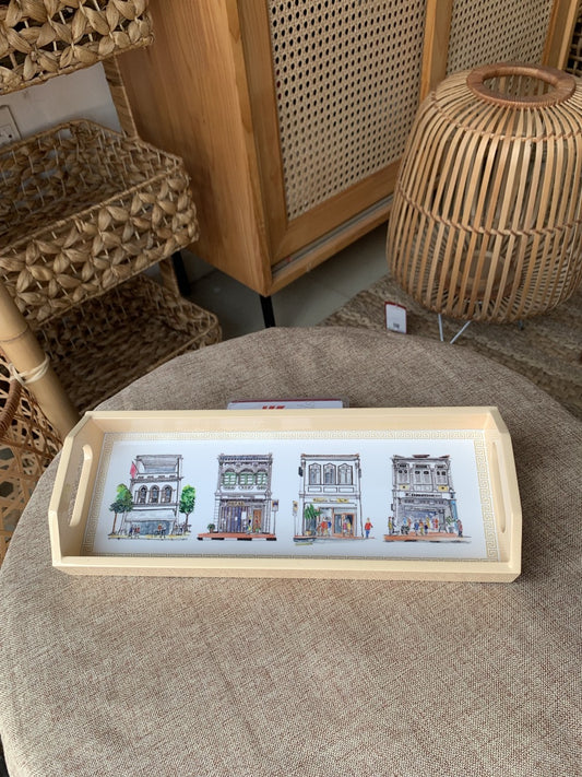 Biege Oblong Lacquer Tray - Pastel Shophouses