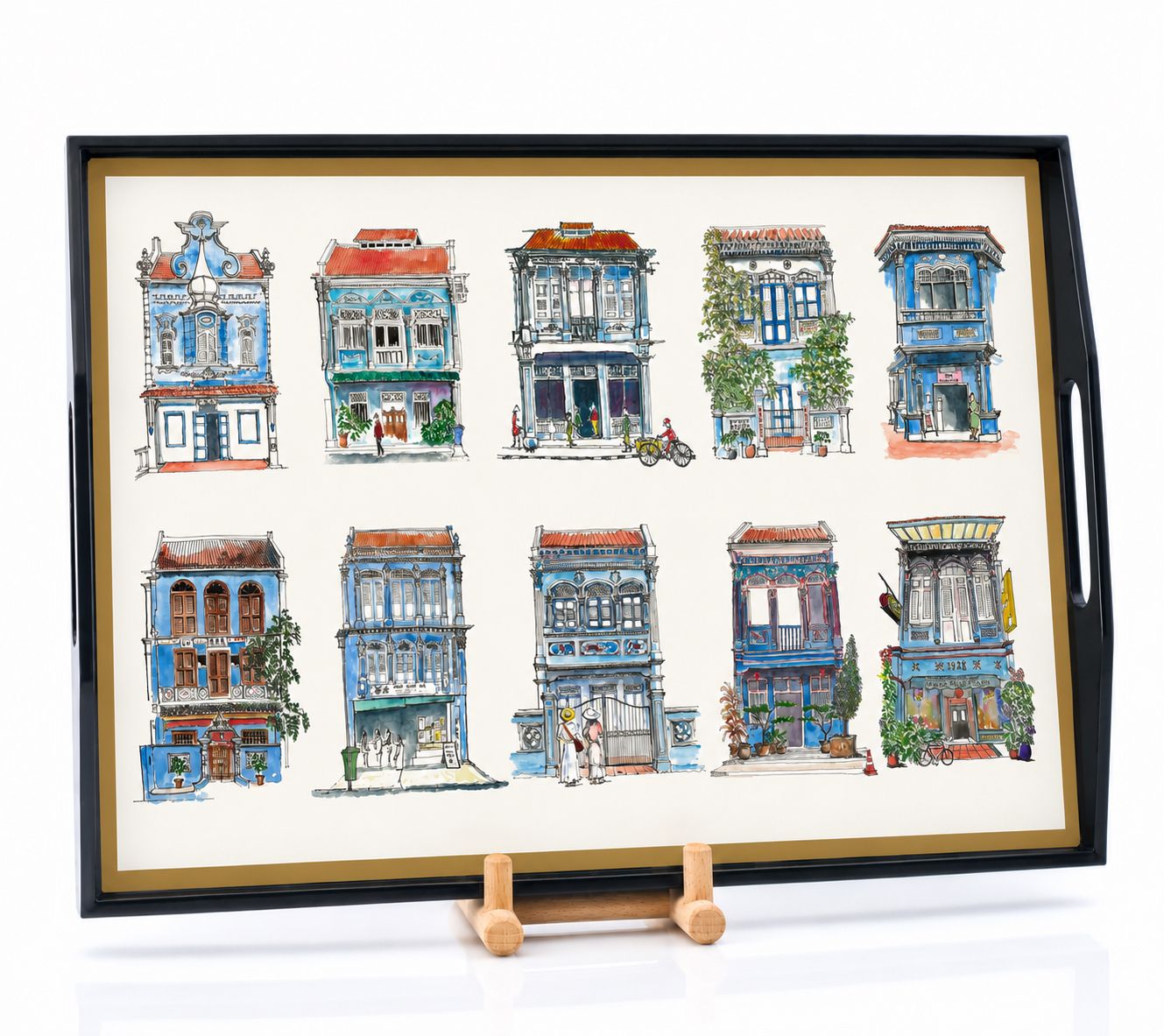 Navy Lacquer Tray - Blue Shophouses