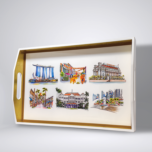 Singapore Themed White Lacquer Tray - Iconic Sights